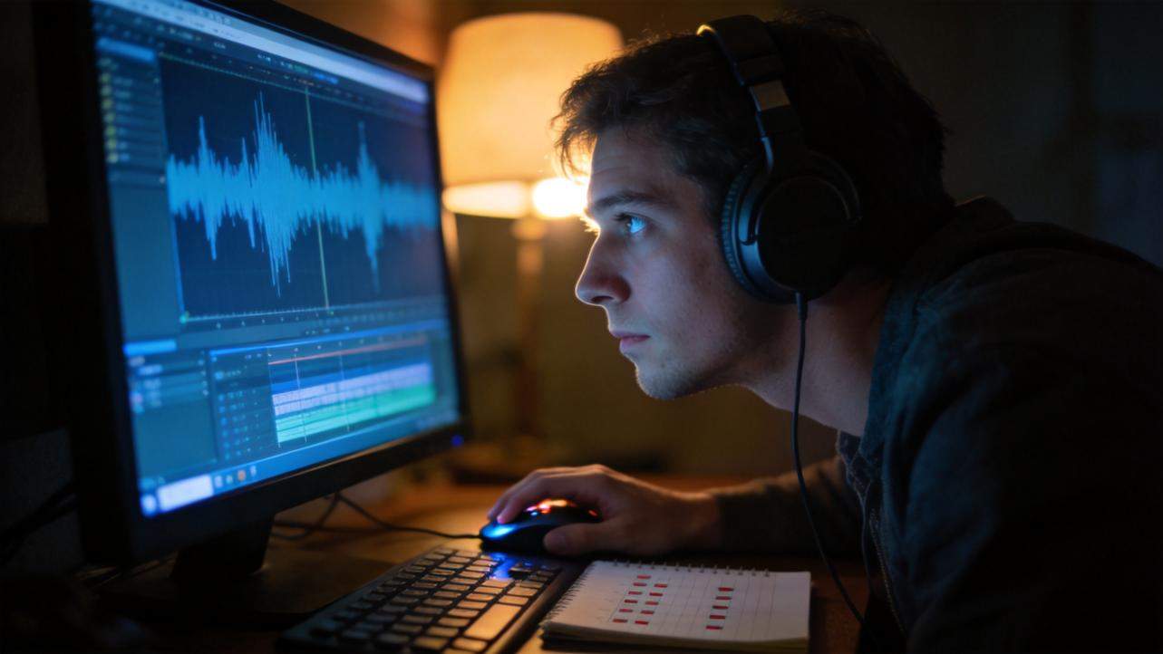 Man editing audio waveforms on a computer monitor while wearing headphones