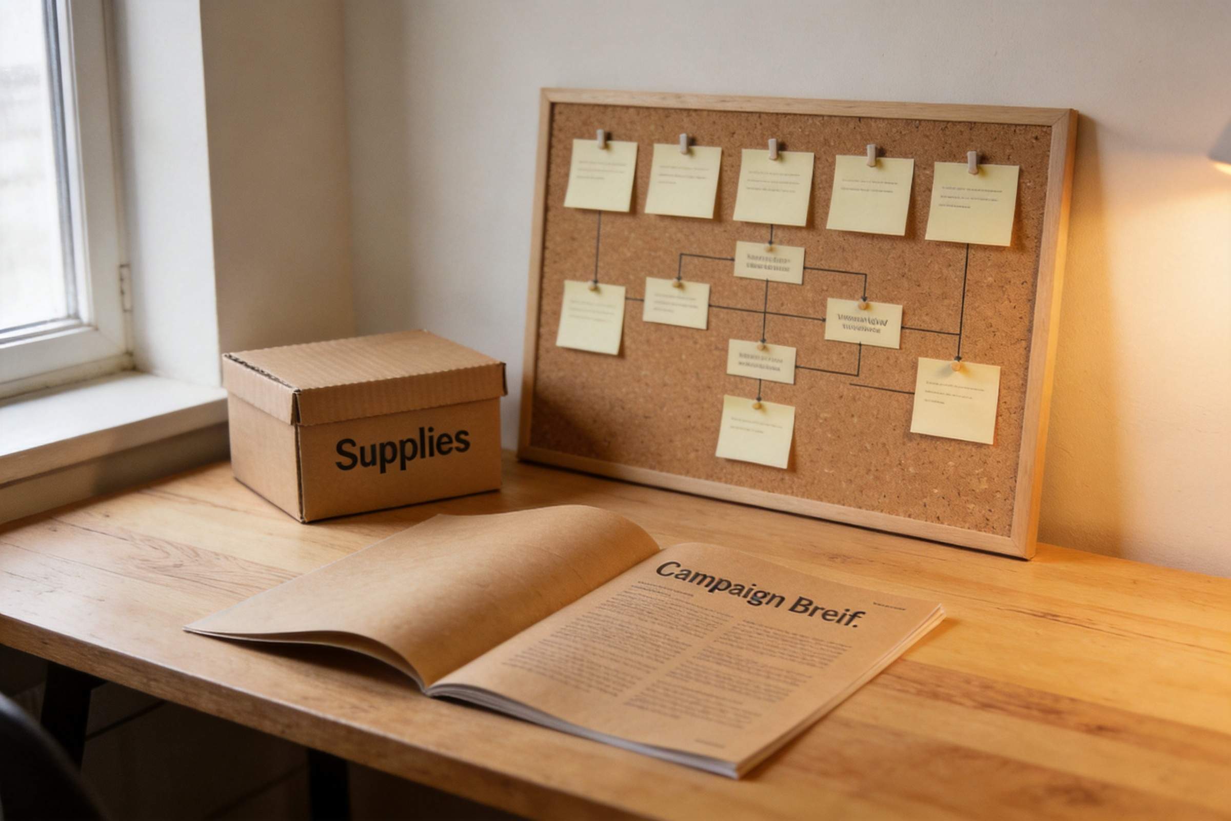 Desk with campaign brief, supplies box, and corkboard flowchart with sticky notes