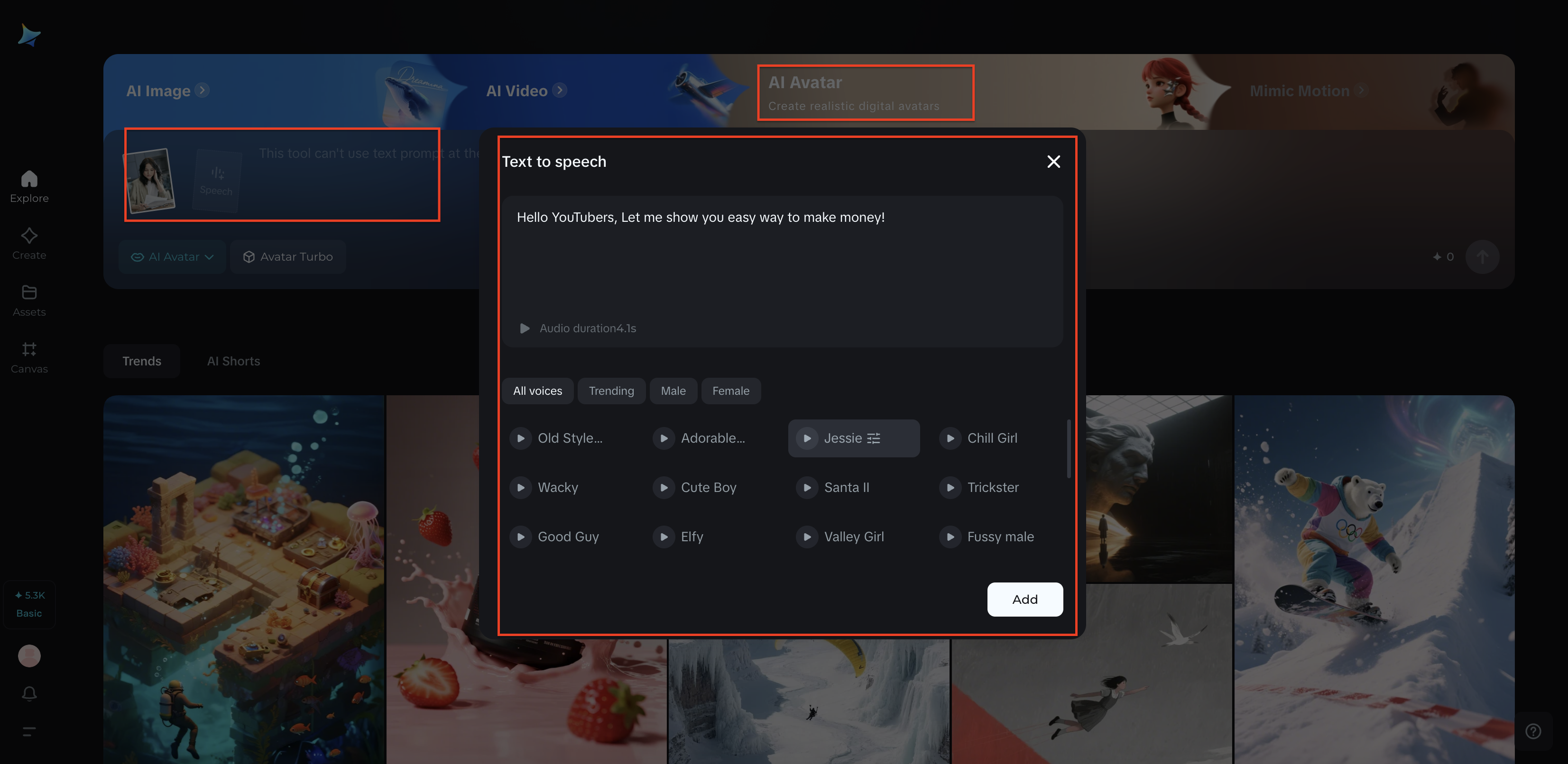 Upload image and enter speech, voice