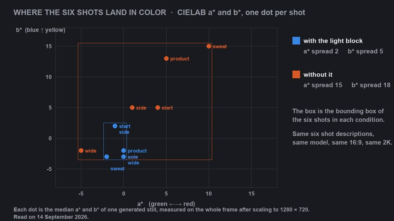A scatter plot of median a* against b* with one dot per shot: six blue dots in a small box and six orange dots spread across a much larger box.