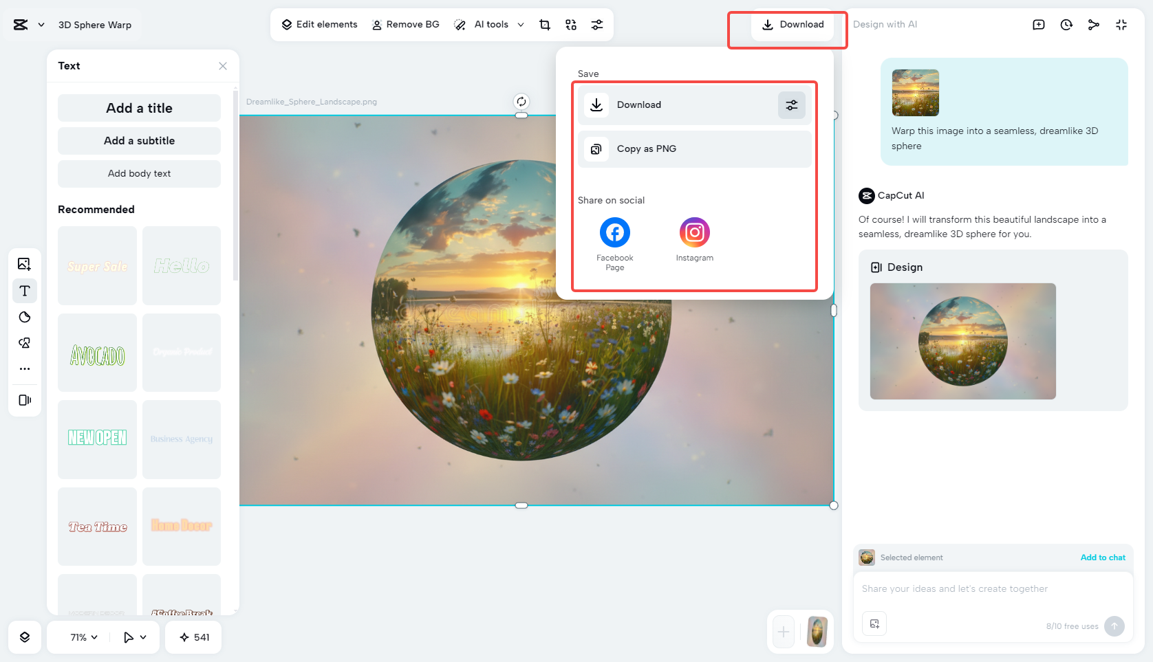 Exporting the warped photo in CapCut