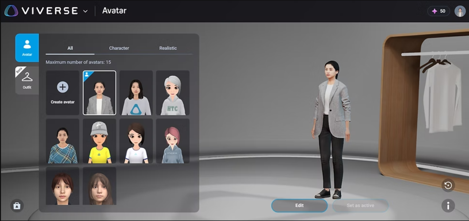Interface of Viverse - the perfect online character creator