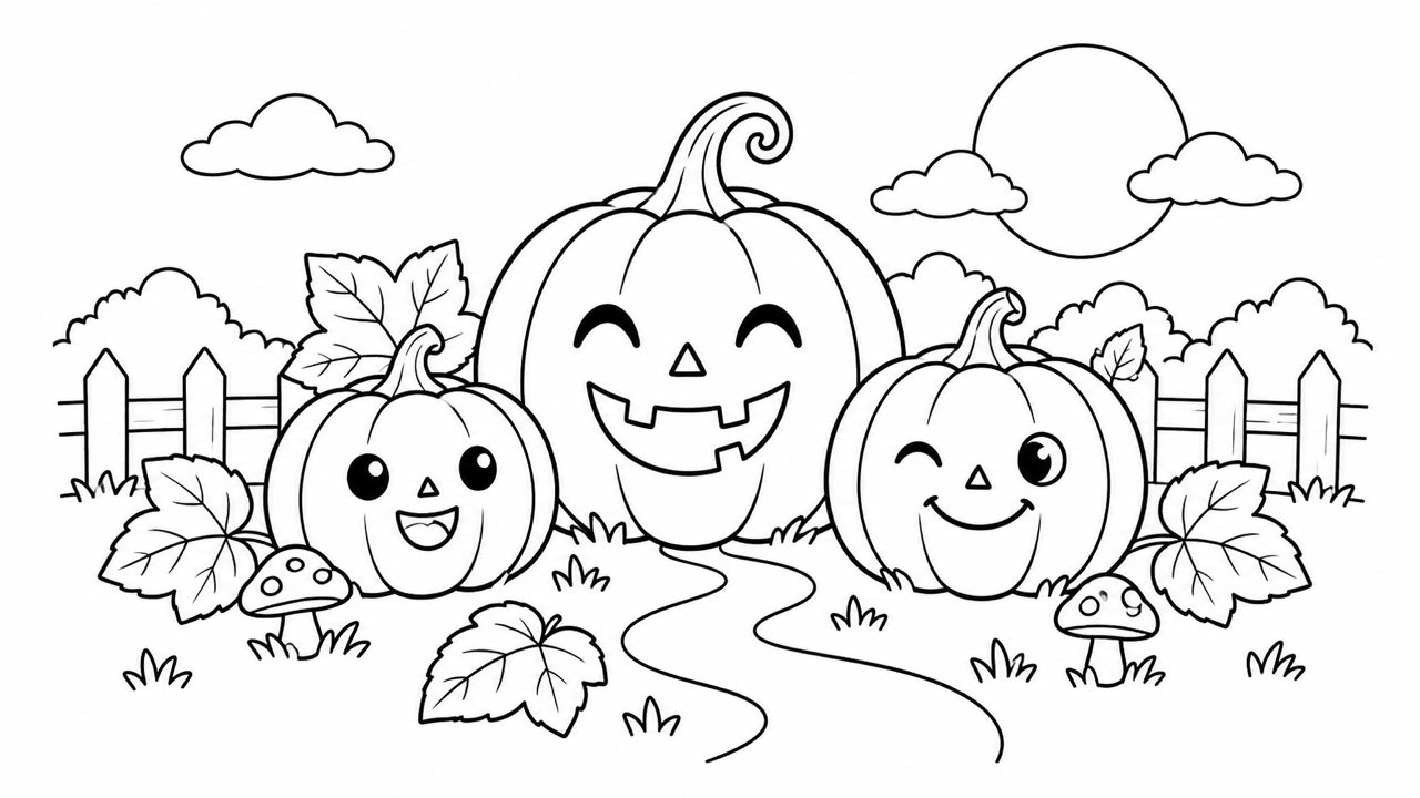 Pure black-and-white coloring art of three friendly pumpkins in a garden, clear closed regions and generous margins.