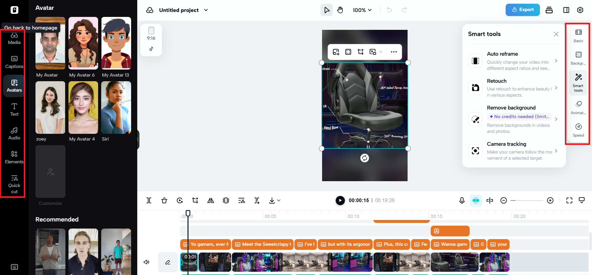 Editing options on either side of canvas