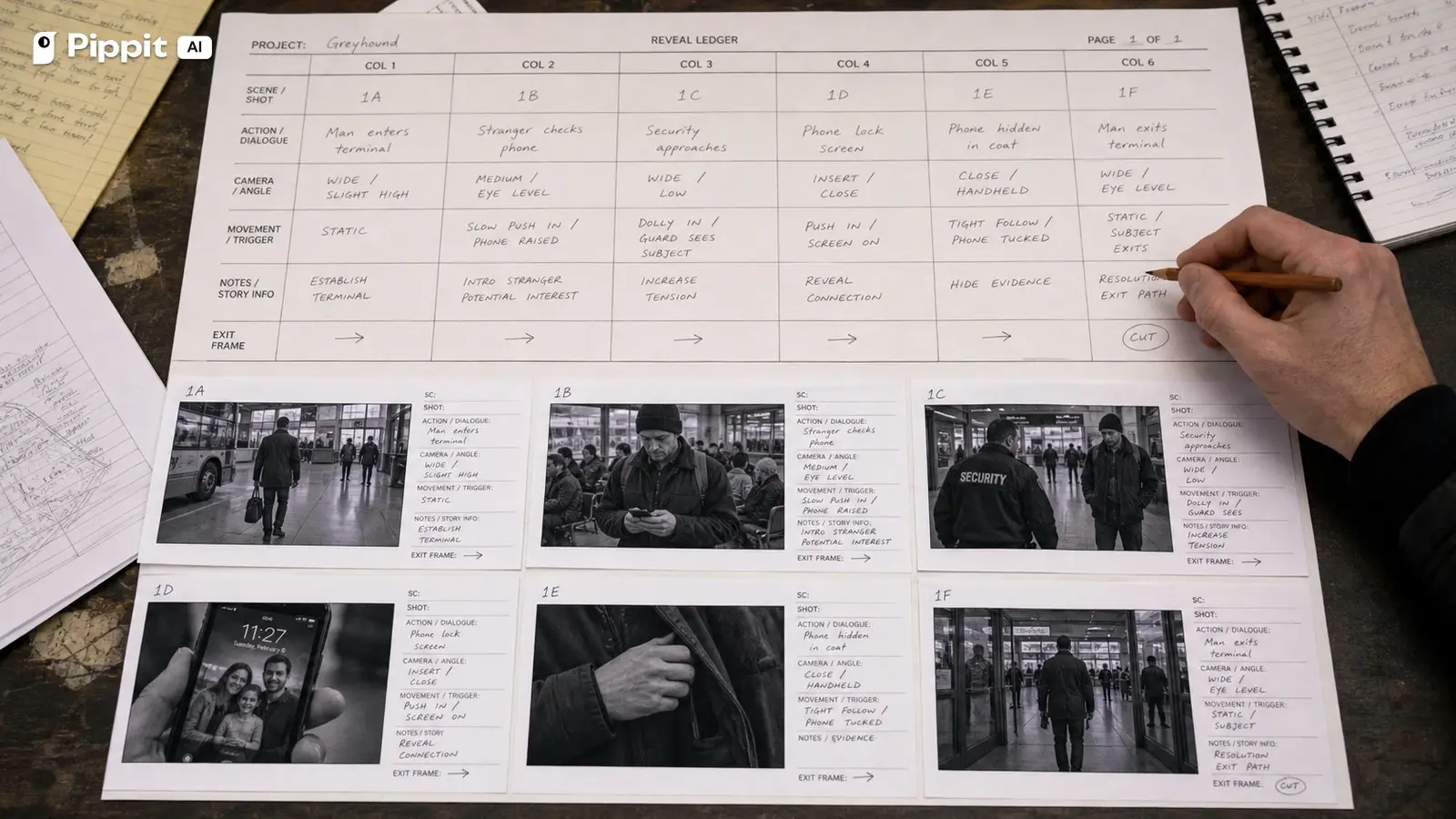 A six column reveal ledger links six bus terminal frames to information and camera choices.