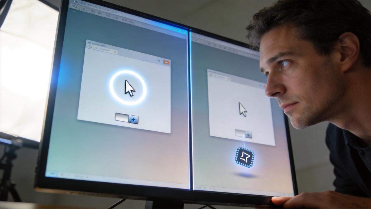 Man looking at dual monitors showing a cursor highlight effect and a keypress icon