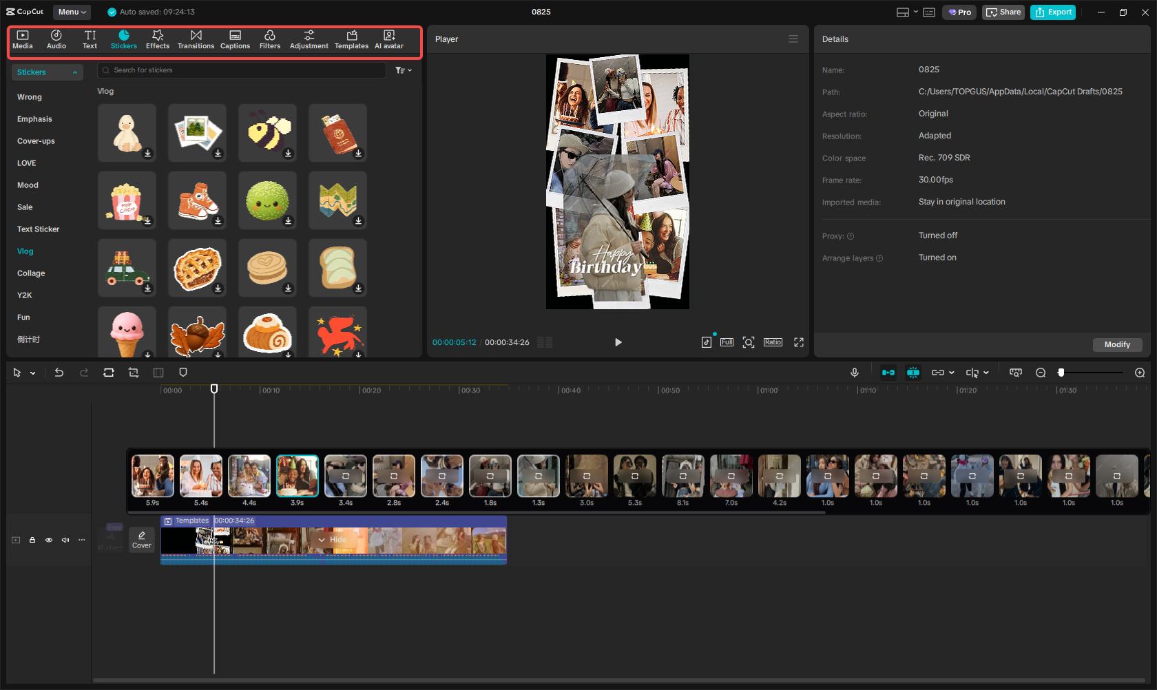 Enhancing the template with visual elements in CapCut