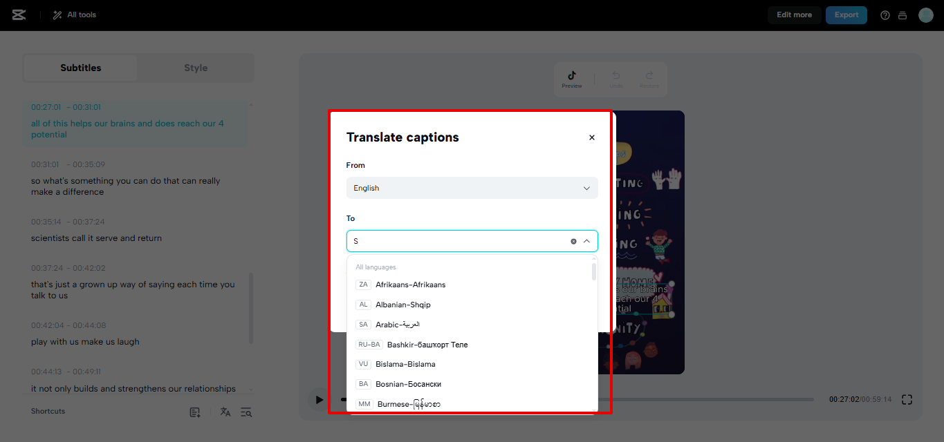 Untertitelübersetzung mit CapCut Web