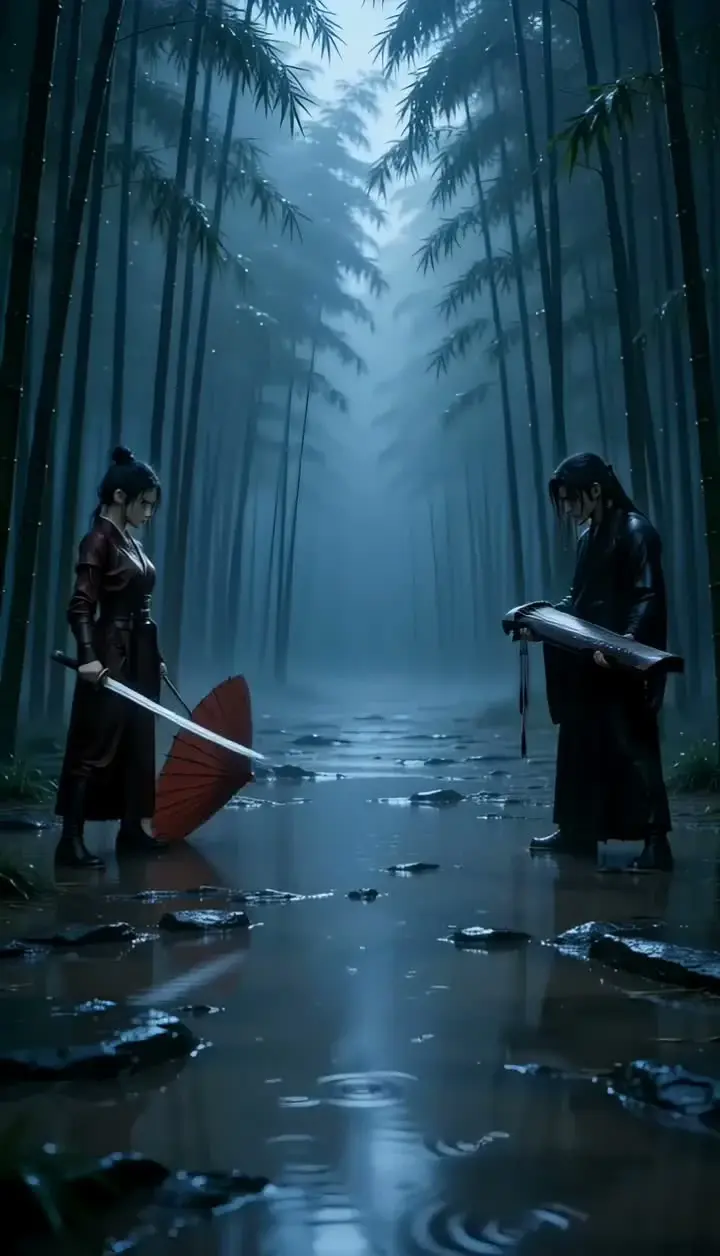 Rain-soaked wuxia duel opening frame with two fighters separated across the bamboo clearing.