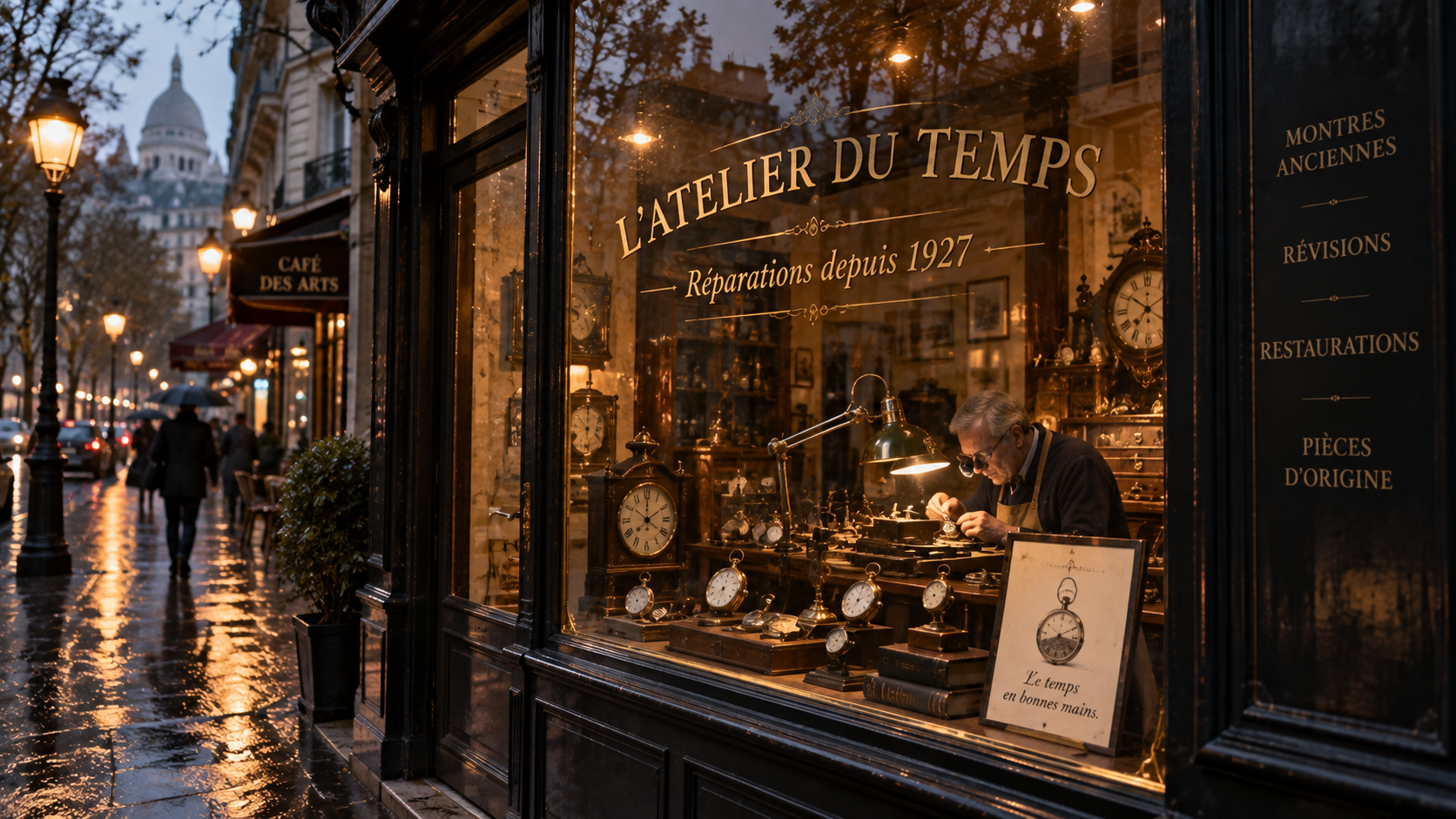 Vintage Parisian watchmaker storefront at twilight
