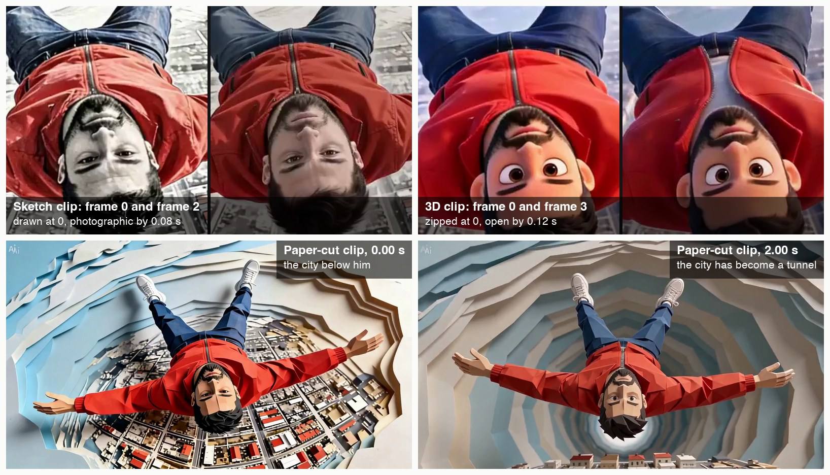 Top left: the sketch clip at frame 0 with a gray pencil face and at frame 2 with a photographic face. Top right: the 3D clip at frame 0 with a zipped jacket and at frame 3 with the jacket open over a light T-shirt. Bottom: the paper-cut clip at 0 seconds above a paper city and at 2 seconds falling down a paper tunnel.