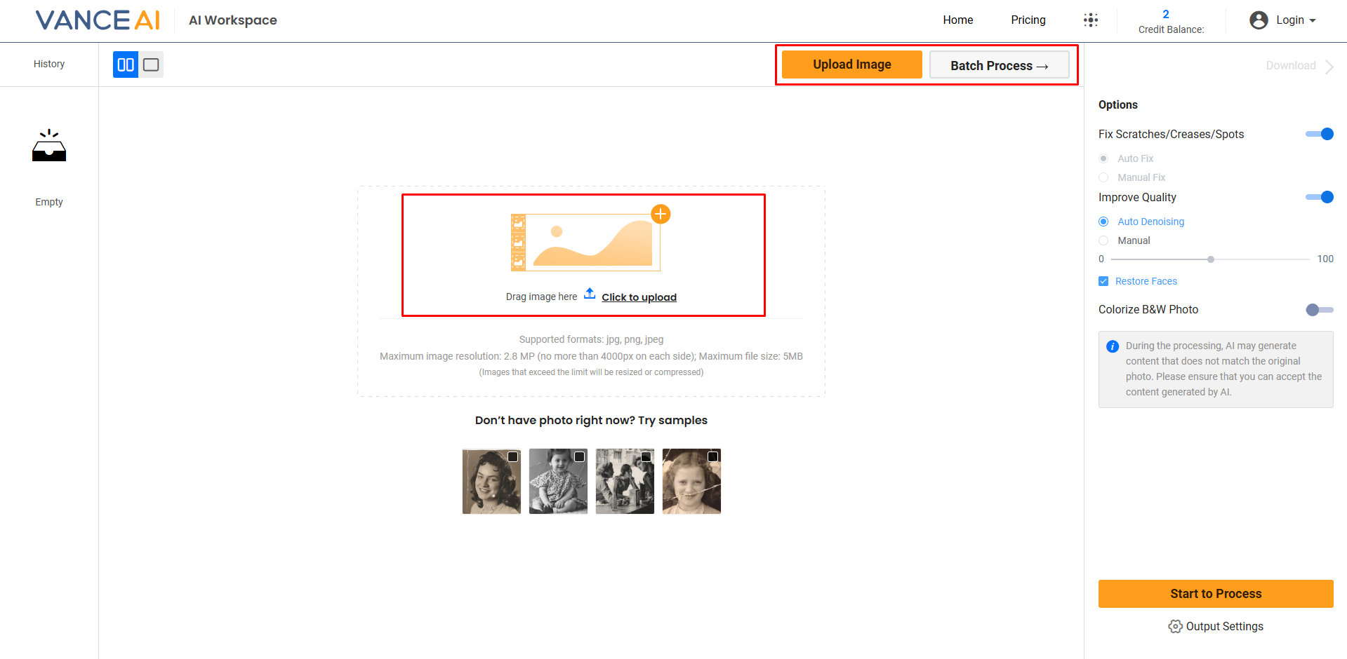 Uploading an image to VanceAI photo restorer