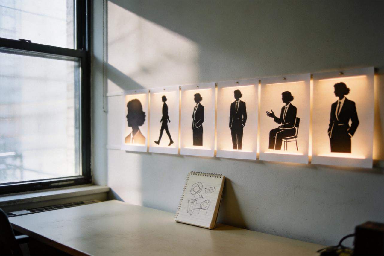 Backlit character silhouette sketches displayed above a desk beside a window