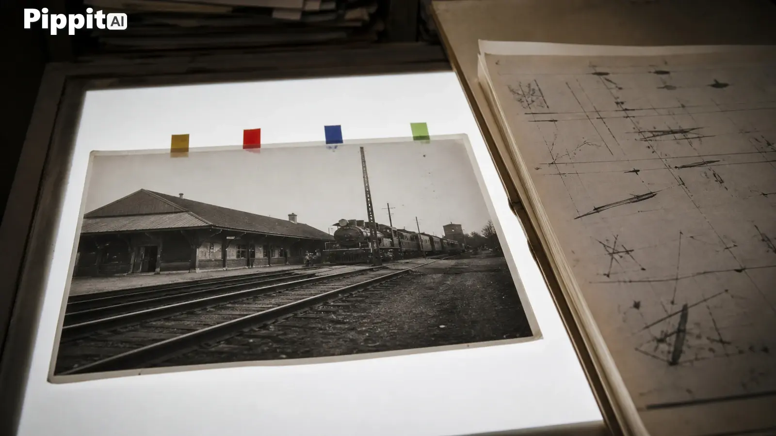Black-and-white photo of a train at a station, taped on a light table beside marked papers