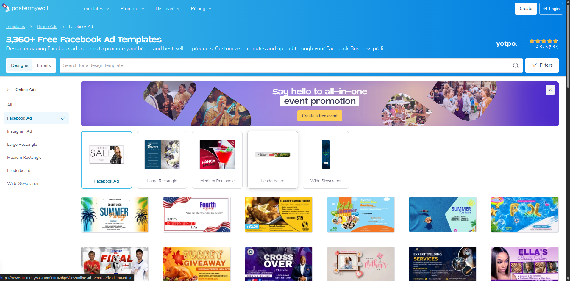 Interface of PosterMyWall - an online site to find free Facebook ad templates