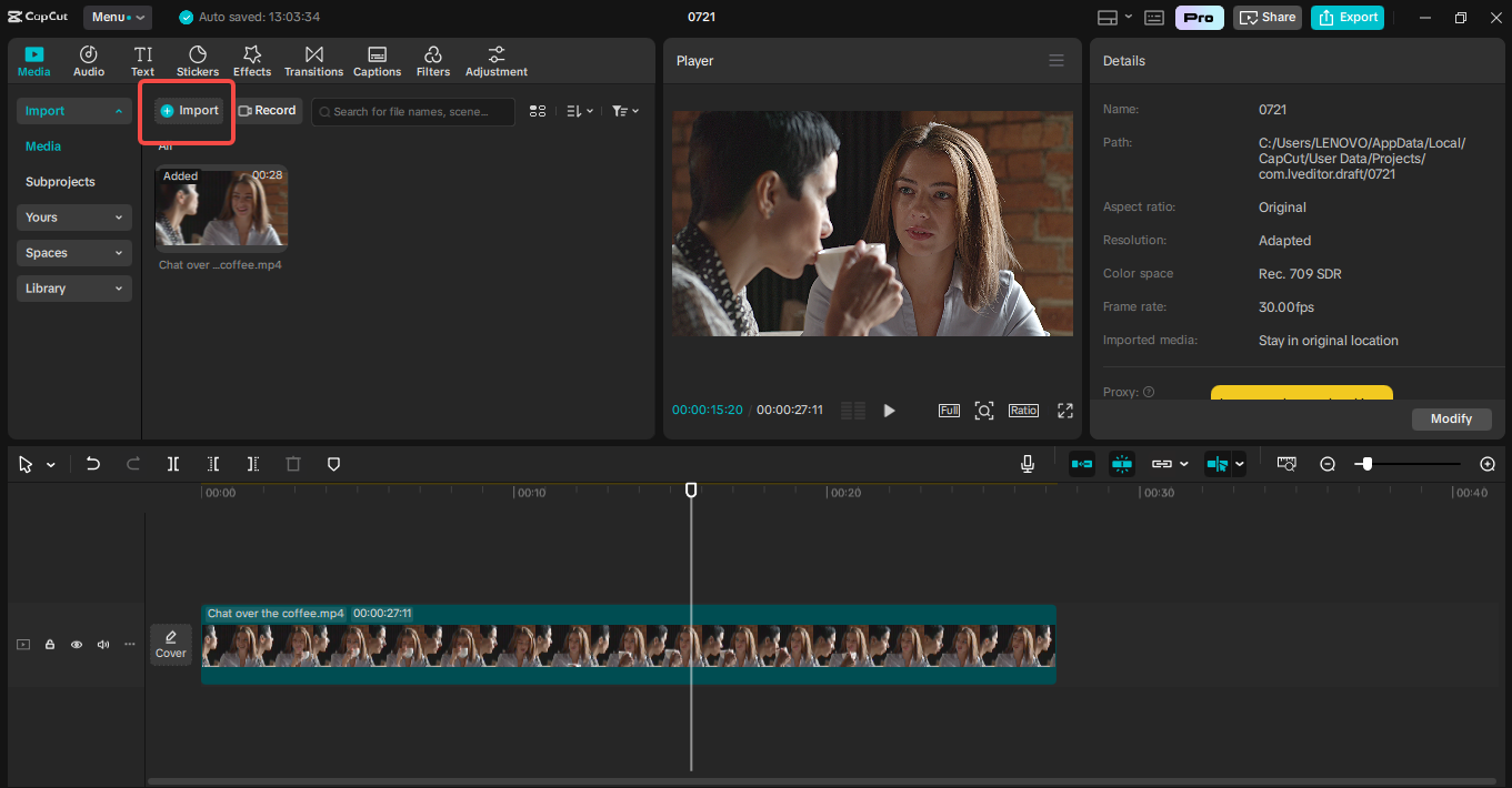 Importieren des Videos in CapCut
