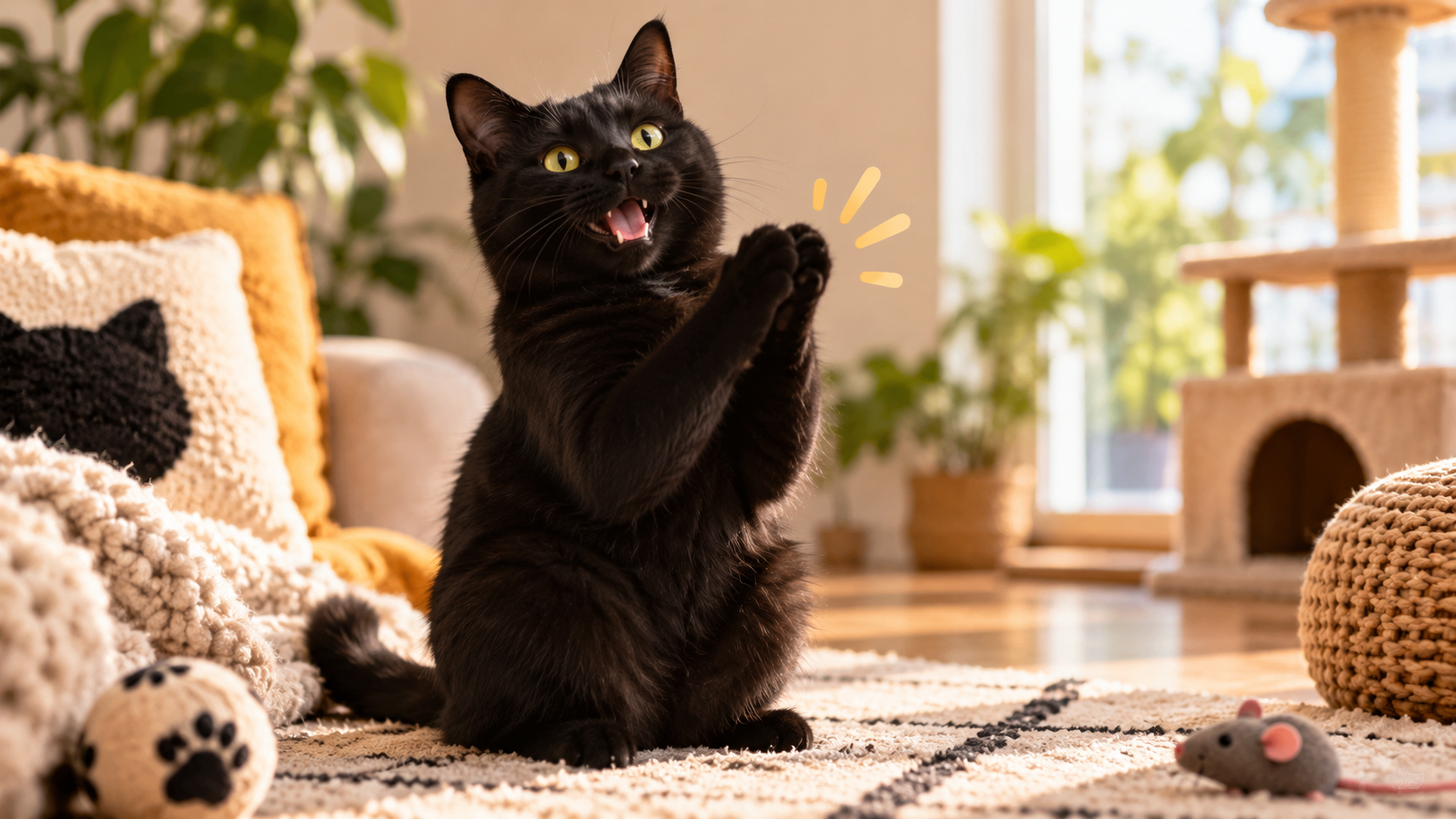 Close-Up Black Cat Clapping AI Video Variation exemplu pentru pisica neagră aplaudând ai video