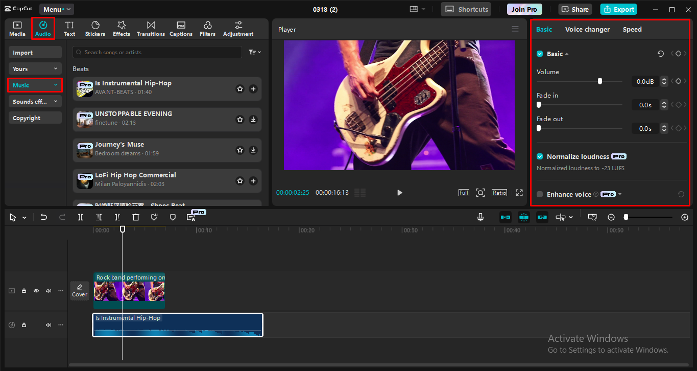 Adding the song and normalizing loudness to the CapCut desktop video editor