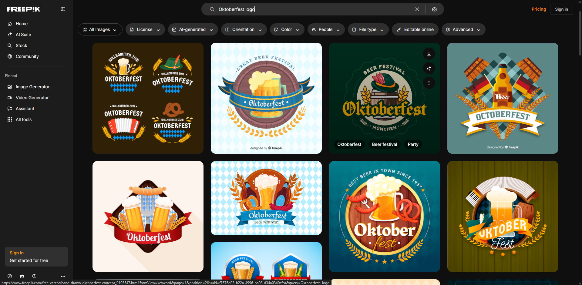 Interface of Freepik - a site with diverse Oktoberfest logos