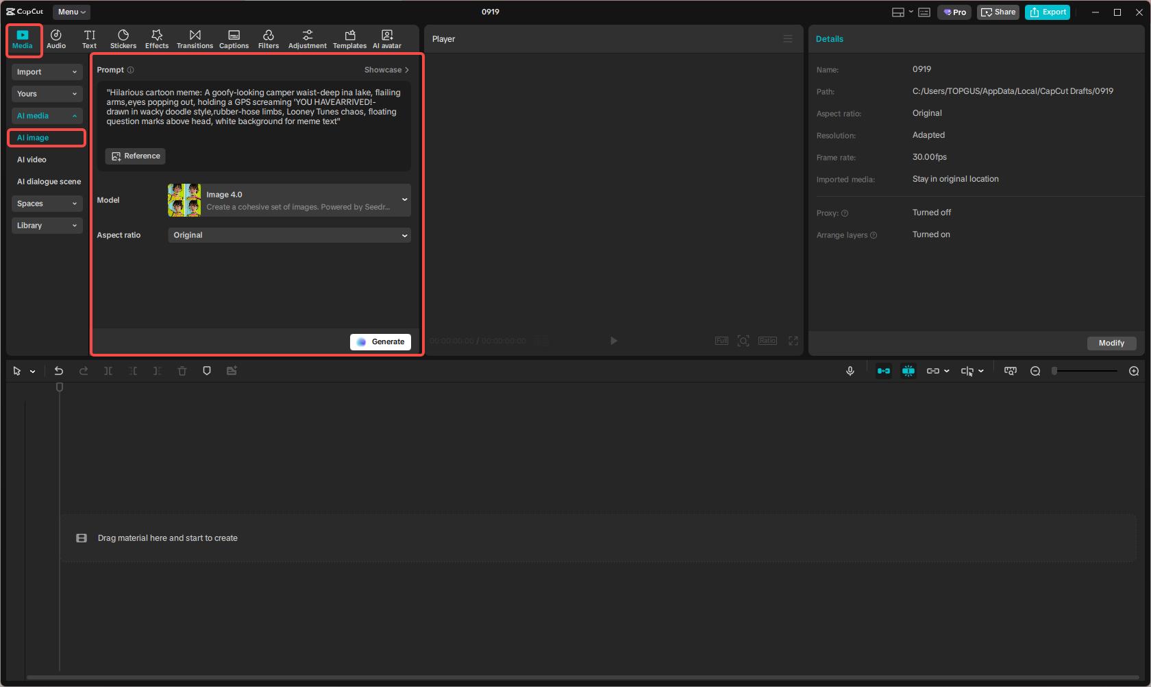 Accessing the AI Image generator feature in CapCut
