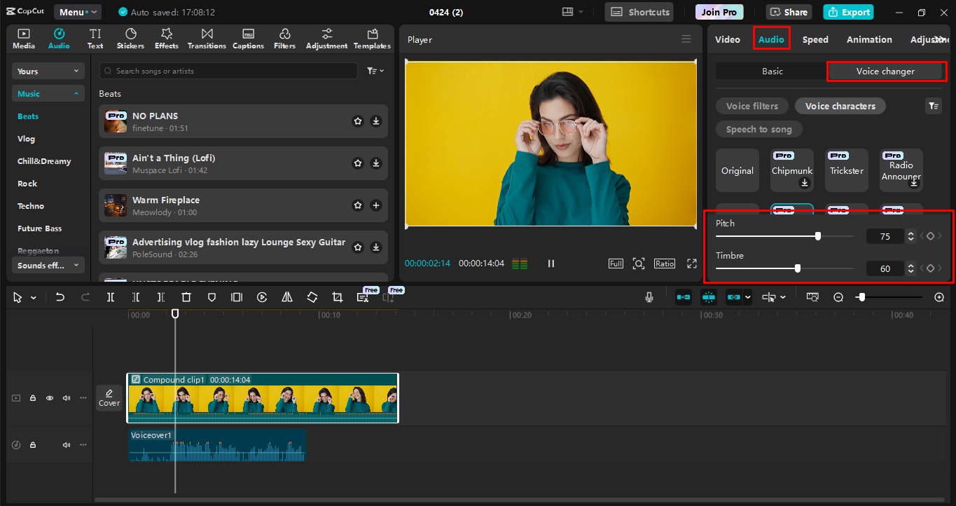 Using a voice changer feature in the CapCut desktop video editor