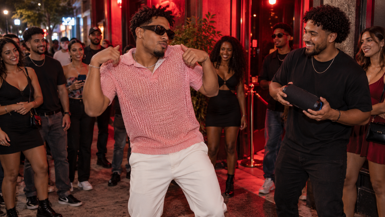 16:9 illustrative keyframe: original adult man in pink textured knit shirt and sunglasses, shoulder lifted outside red-lit nighttime venue; adult partner on frame right holds small black speaker; loosely spaced adult crowd behind.