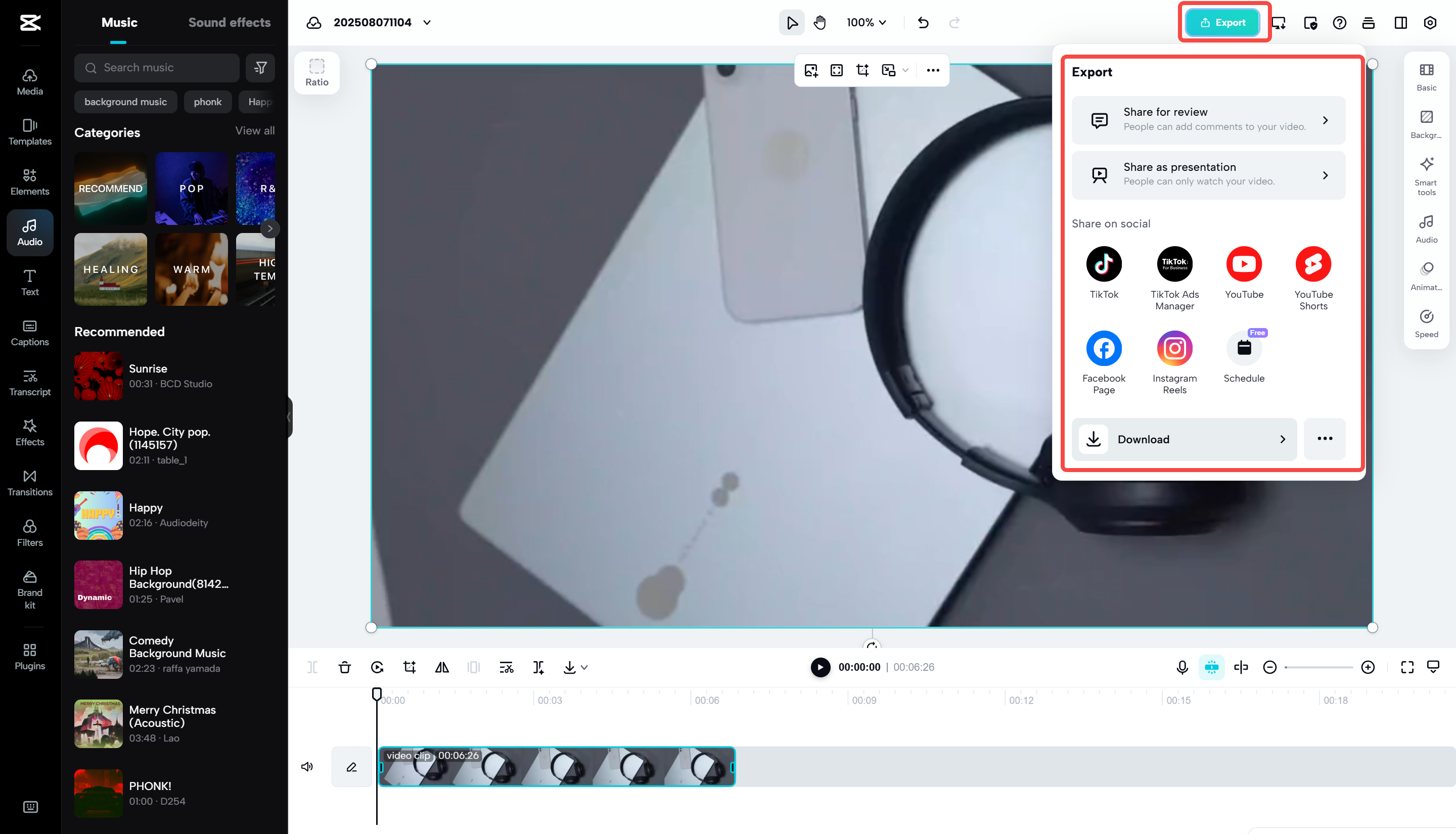 Exporting the audio from CapCut Web