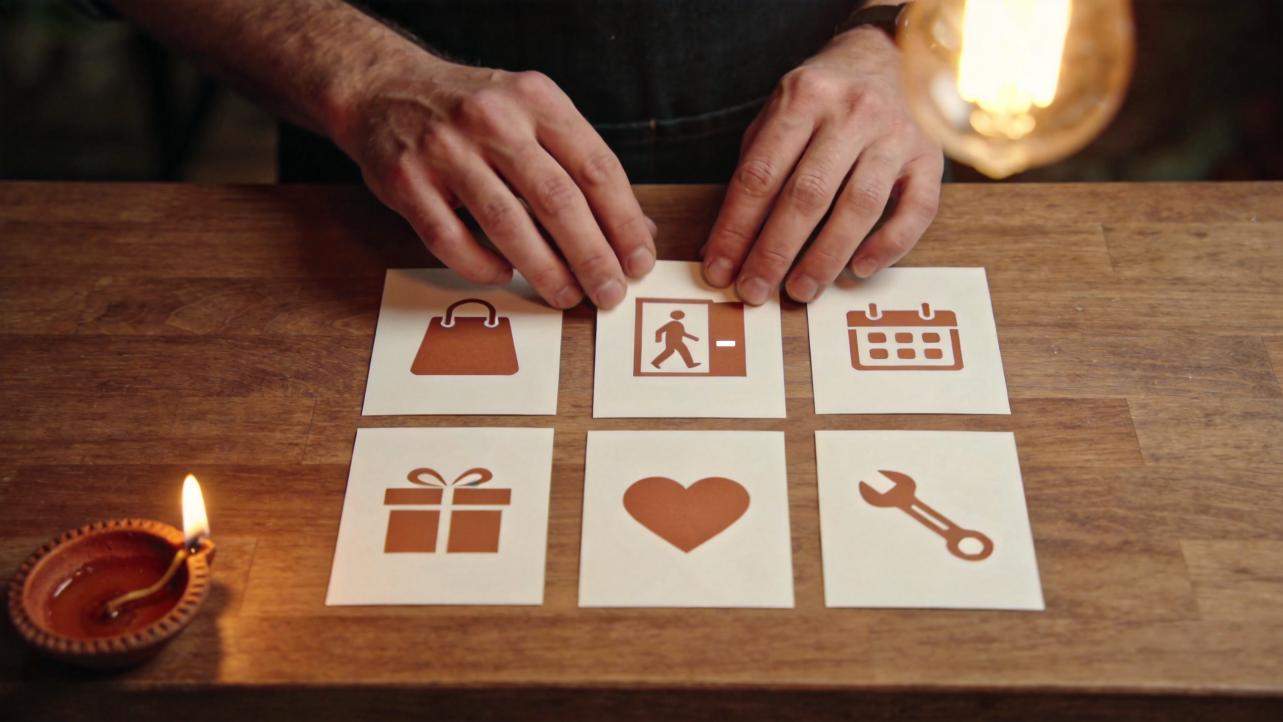 Hands arrange cards with shopping, calendar, gift, heart, and wrench icons beside a lit diya