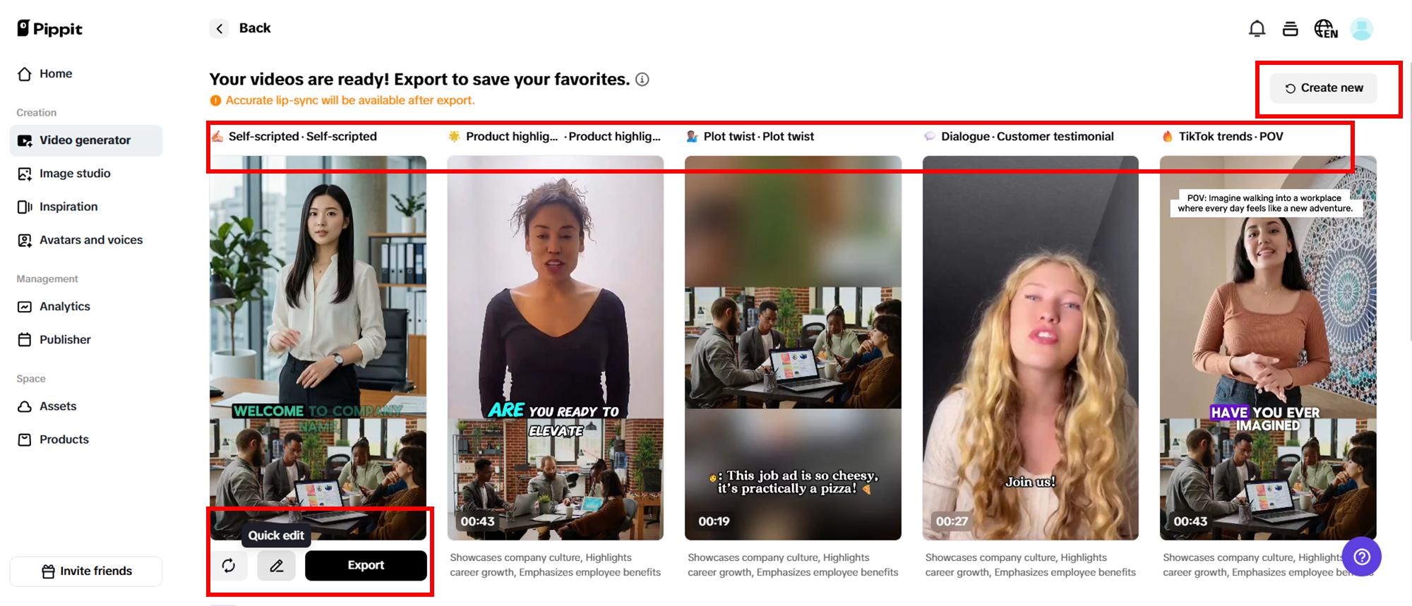 Selecione seu vídeo gerado preferido