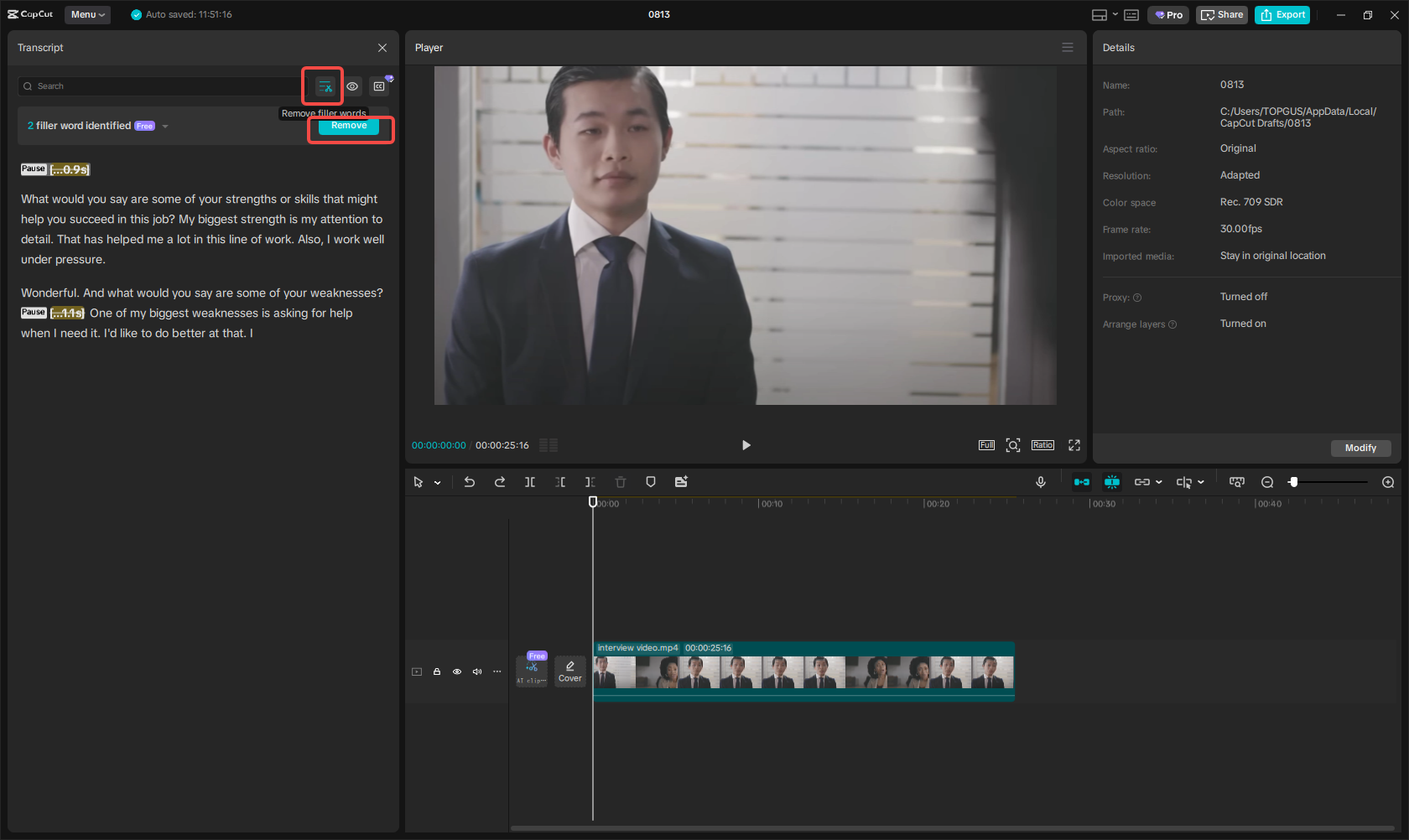 Transcribing and removing filler words in CapCut