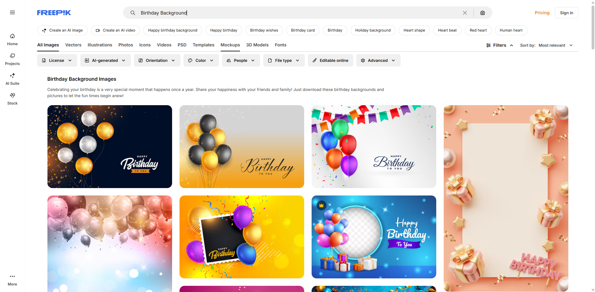 Interface do Freepik - o melhor site para baixar fundo de aniversário grátis.