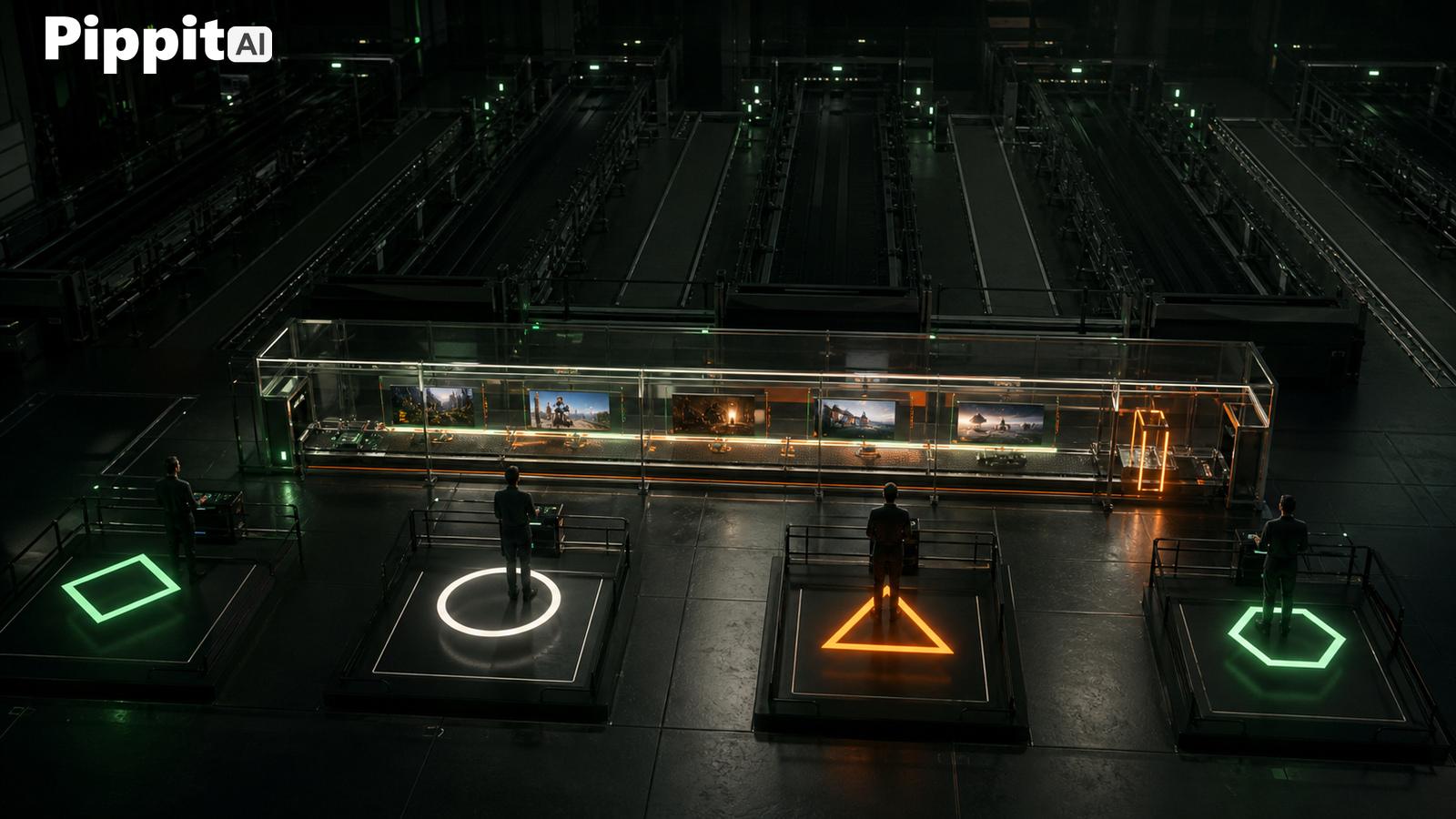 People stand on glowing shape platforms in a dark futuristic AI control room.