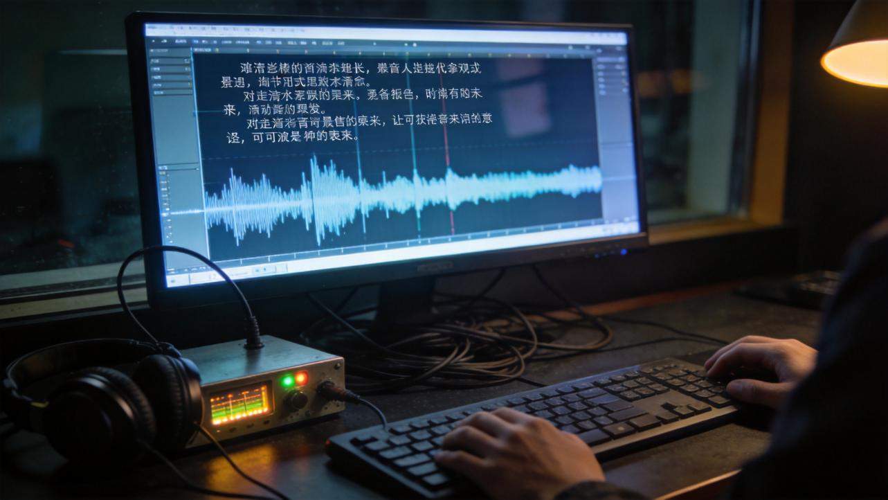 Audio editing software on a monitor shows Chinese text above a sound waveform, with a keyboard and headphones on the desk.