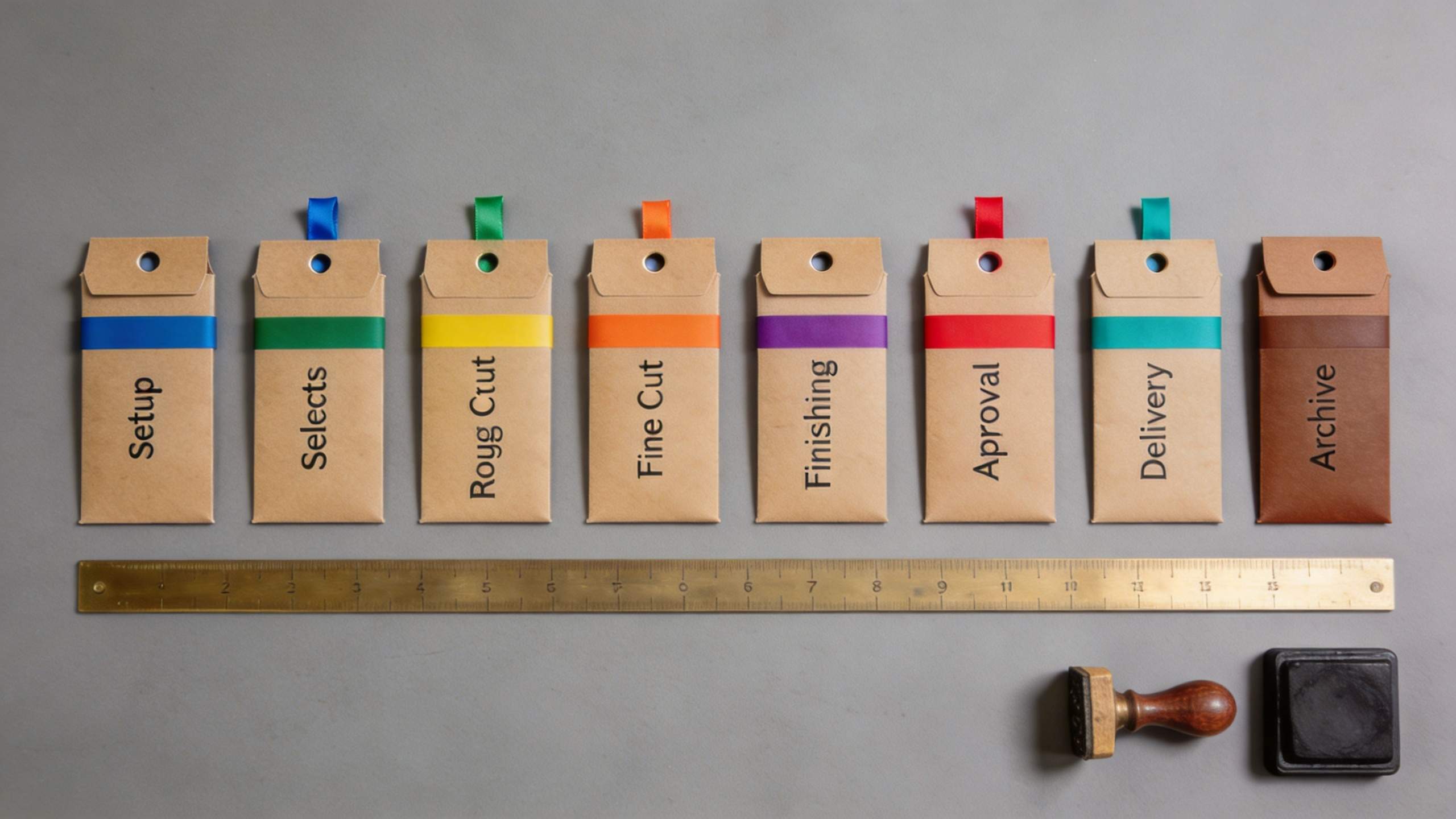 Color-coded task folders labeled Setup, Selects, Rough Cut, Fine Cut, Finishing, Approval, Delivery, and Archive