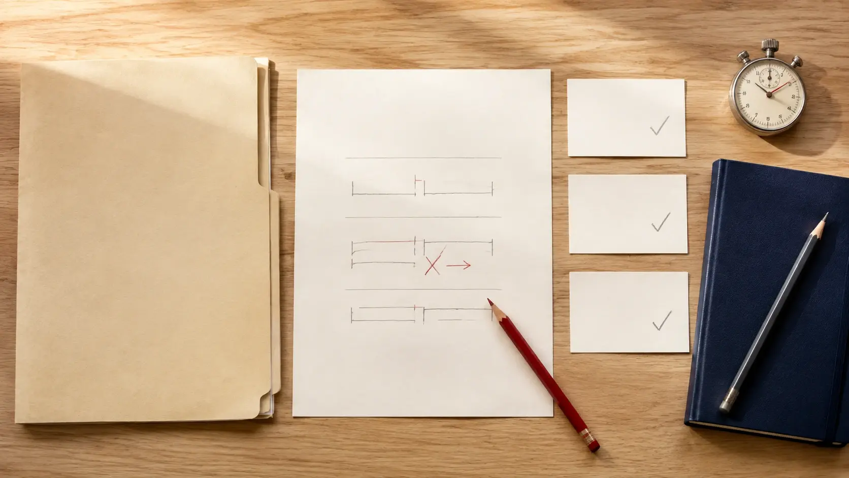 A physical SRT source-file check with timing marks and representative review cards