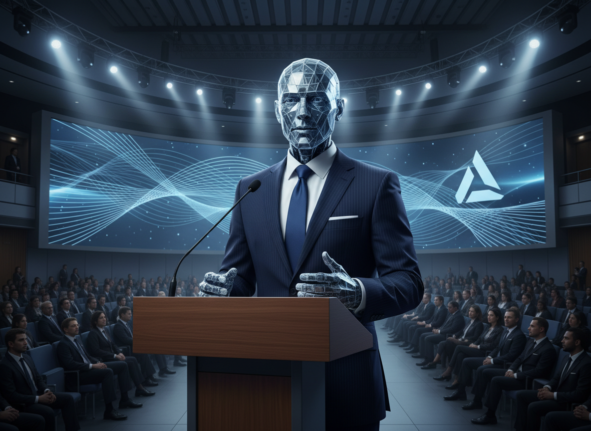 AI corporate avatar in a navy suit delivering an executive announcement at a podium with a subtle branded backdrop, corporate formal style.