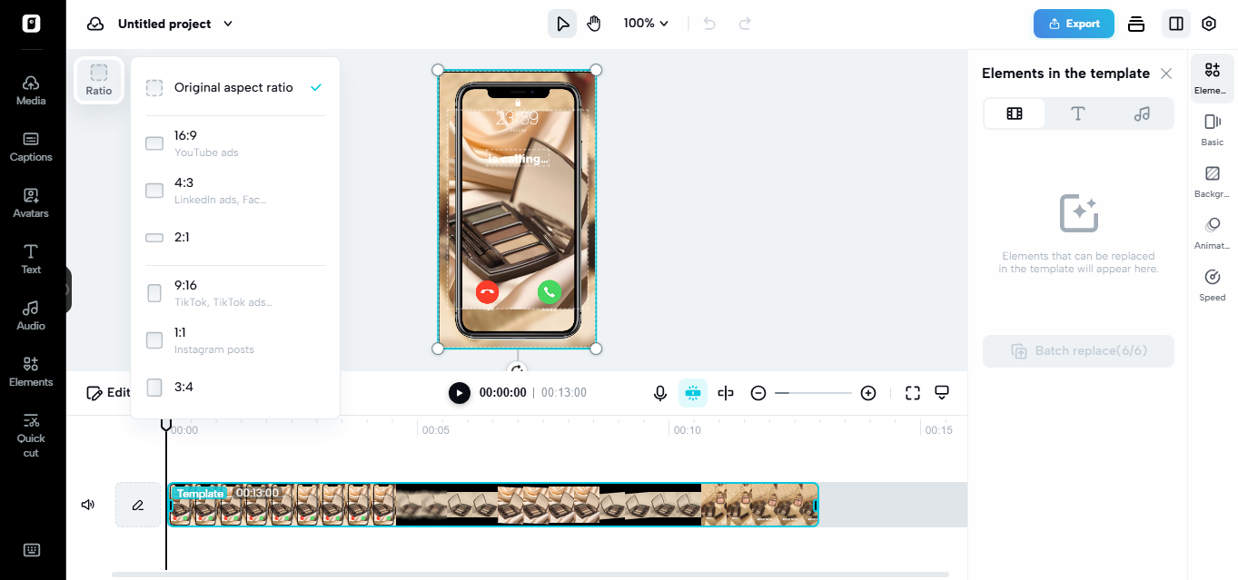 Pippit's video editor with options to adjust the video's aspect ratio