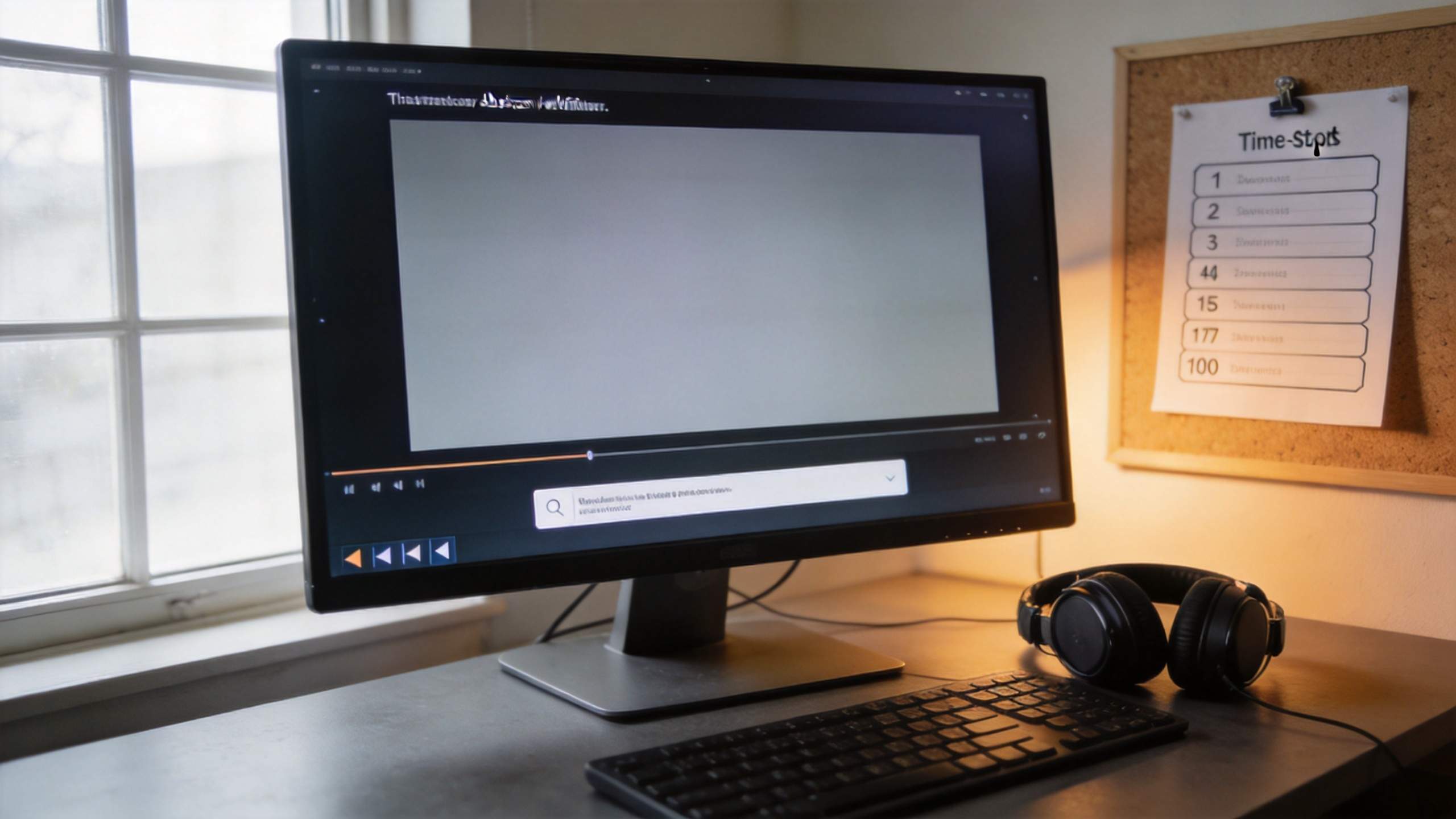 Desktop monitor showing a video editing interface beside headphones, keyboard, and a time-stamps note on a corkboard
