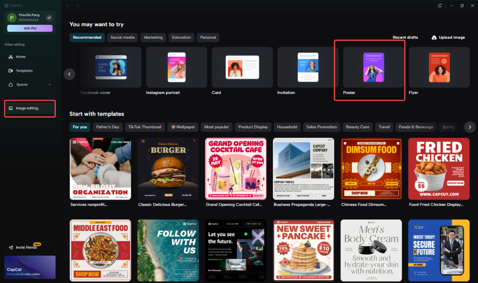 Accessing the "Poster" size option in CapCut