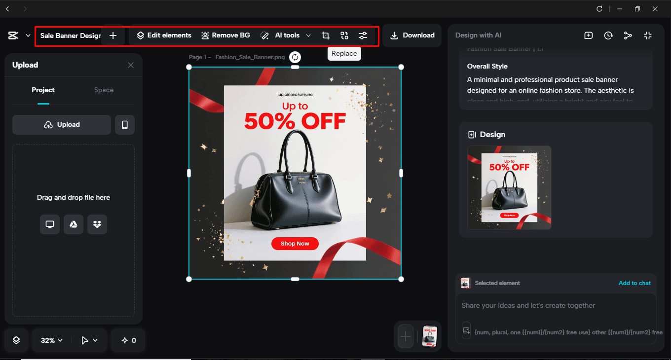 Editing the sale banner in the CapCut desktop video editor