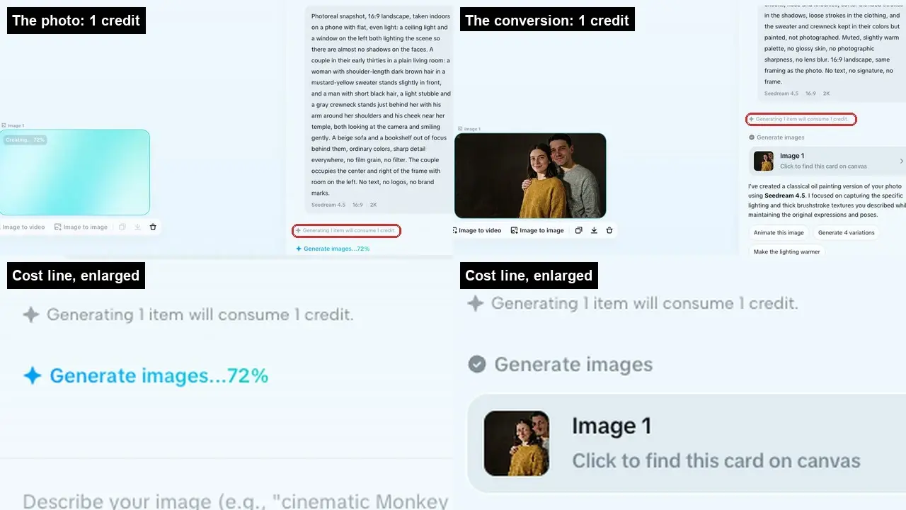 Generation progress and cost notice with a couple portrait preview