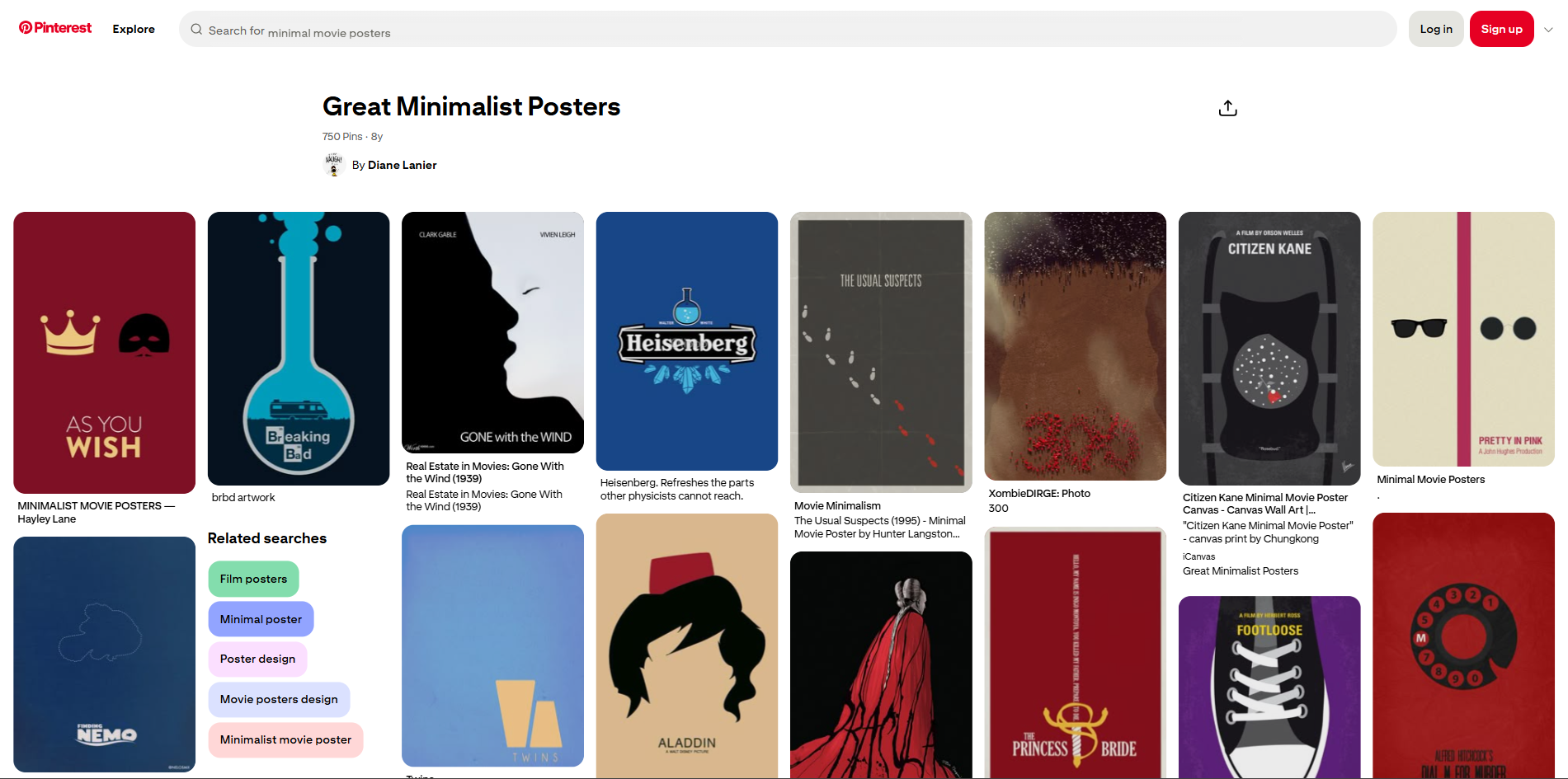 Interface of Pinterest - a platform to find inspiration for minimalistic poster designs