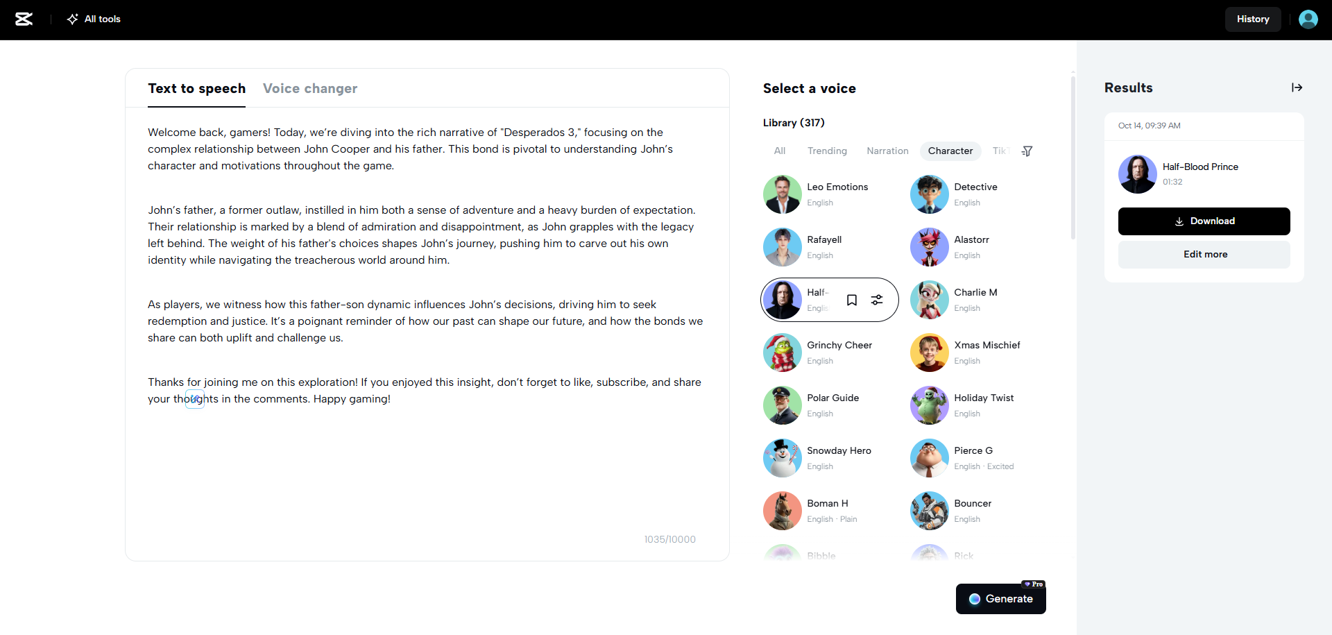CapCut Web's AI voice function in action