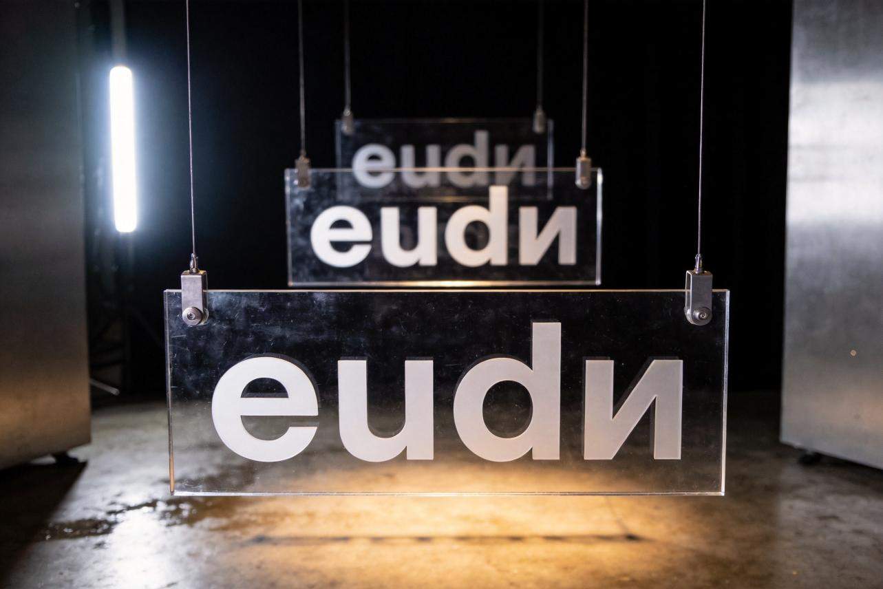 Three hanging transparent panels with blurred and sharp white text creating layered depth
