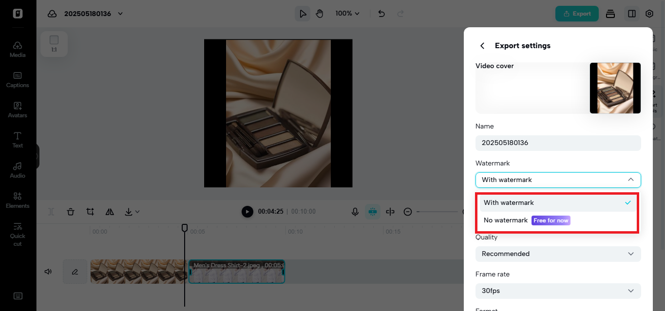 Watermark-free download option in Pippit's video editor