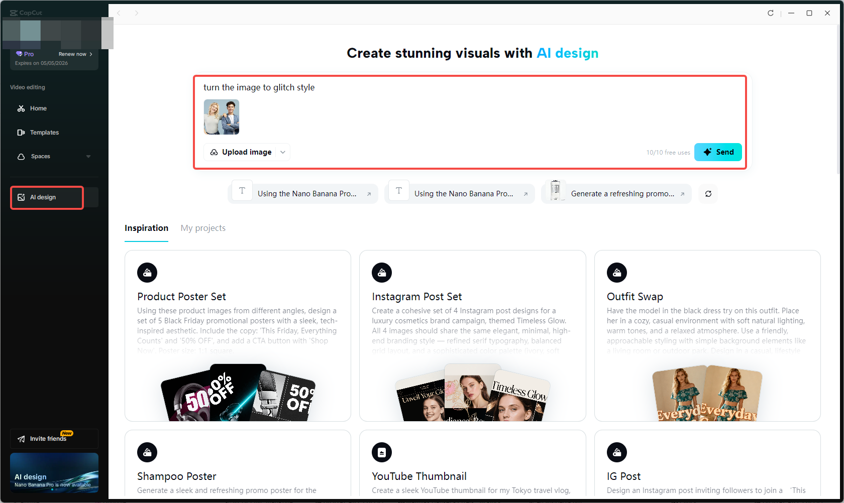 Launch CapCut AI design tool and import files