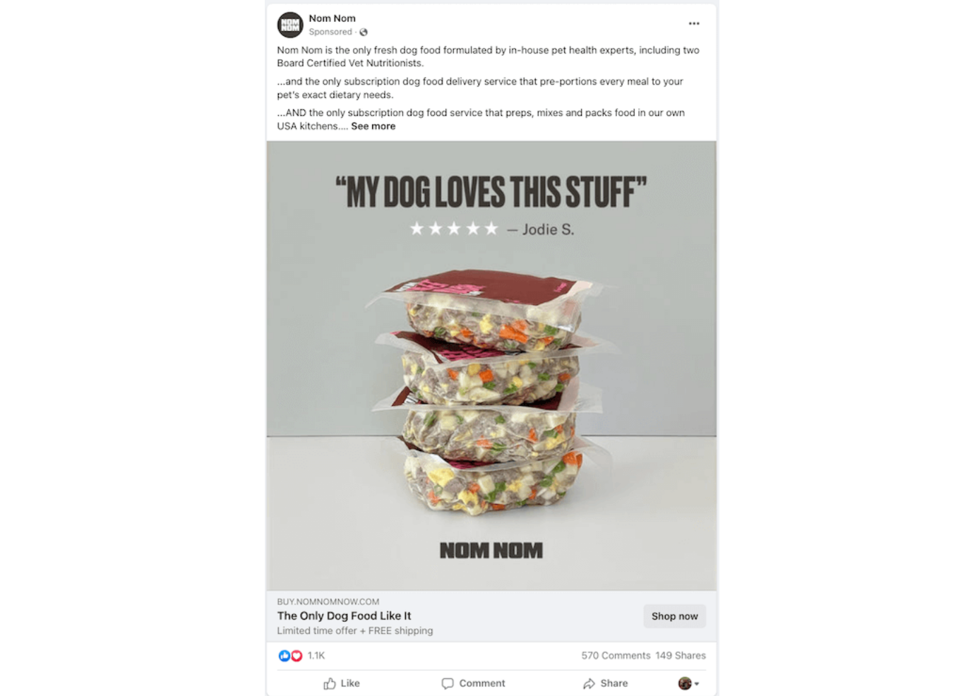 Nom Nom carousel ad with dog food