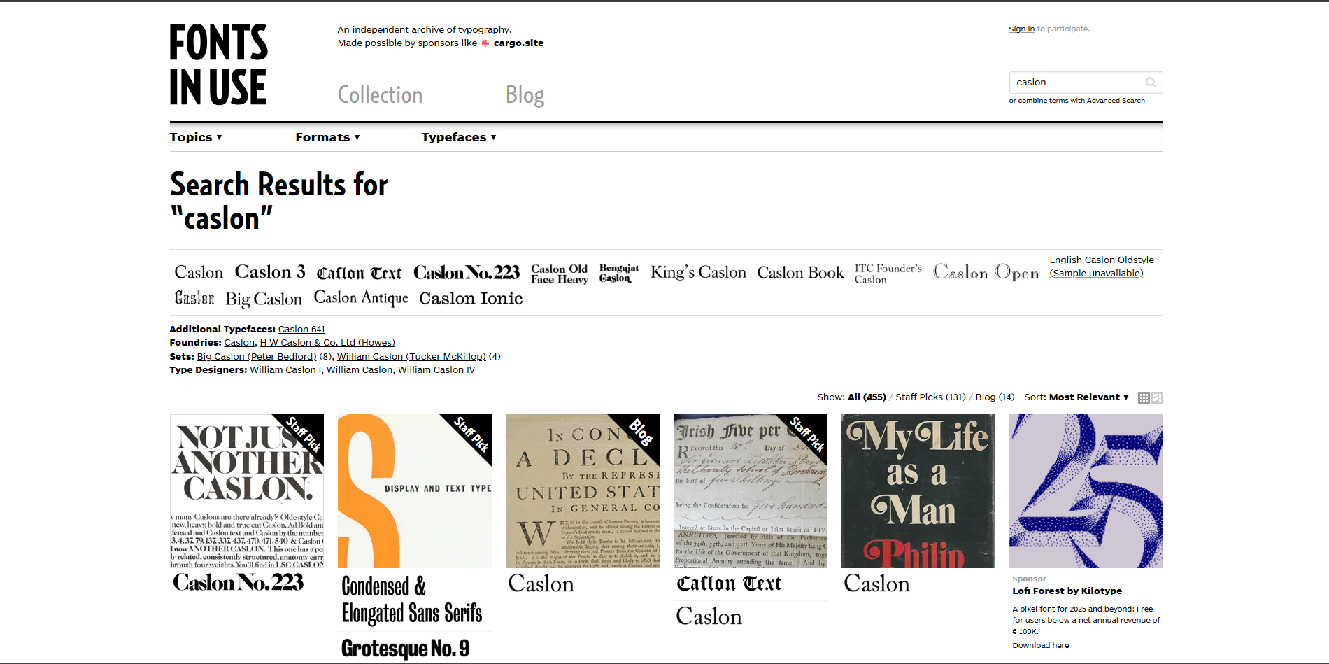 Interface of Fontsinuse - another site to download Caslon fonts