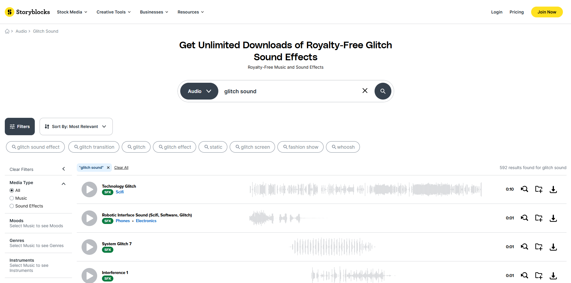 Interface of Storyblocks - an affordable site to download glitch sound effects