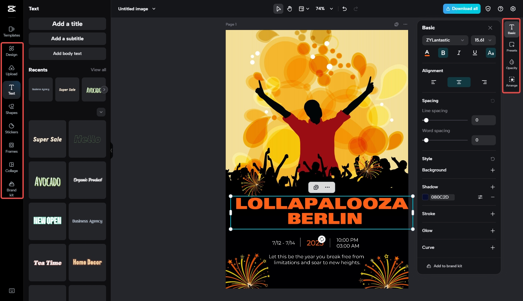 Editing the music festival flyer in CapCut